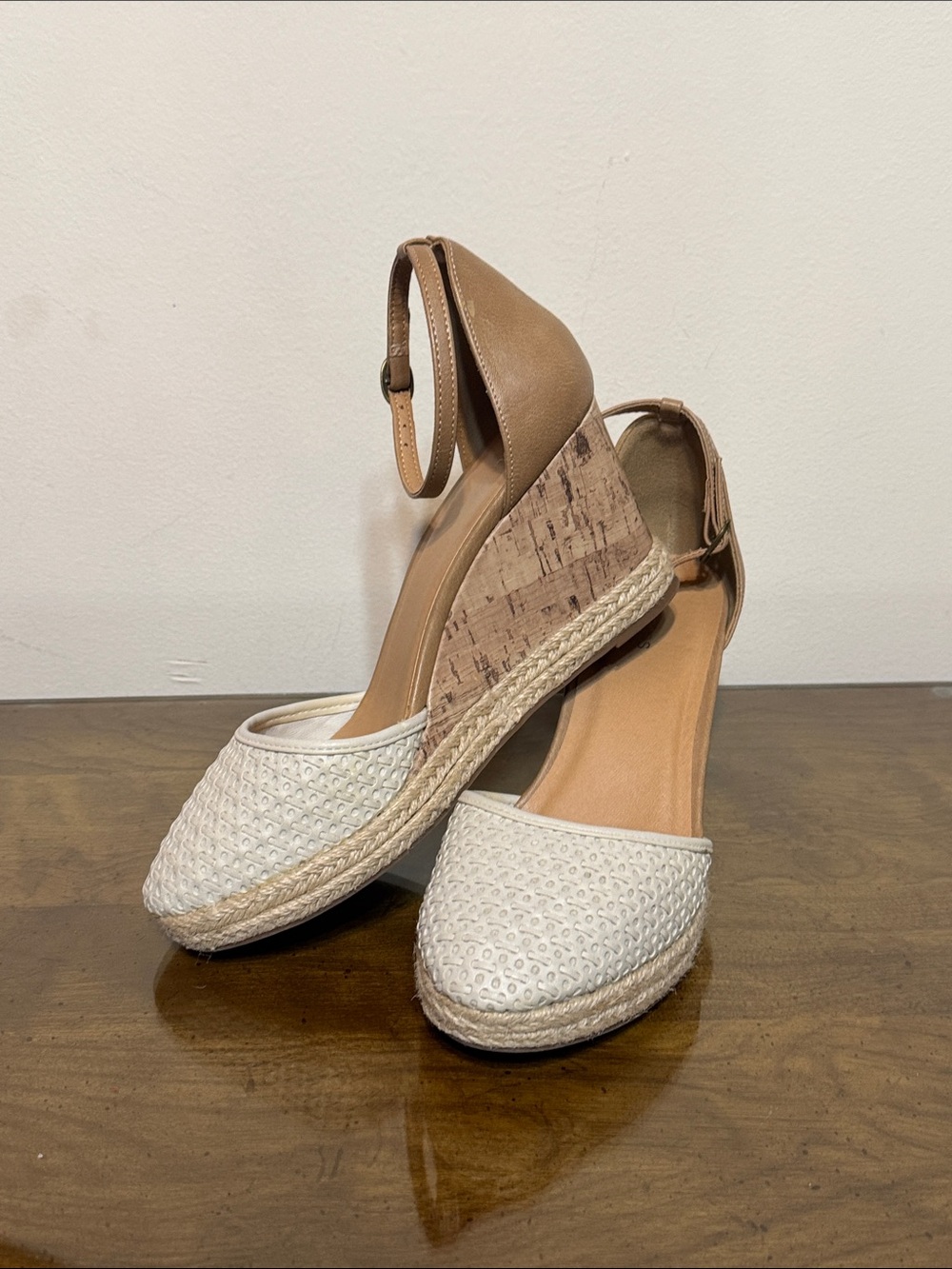 Maurices Cream and Tan Wedge Espadrille Sandals